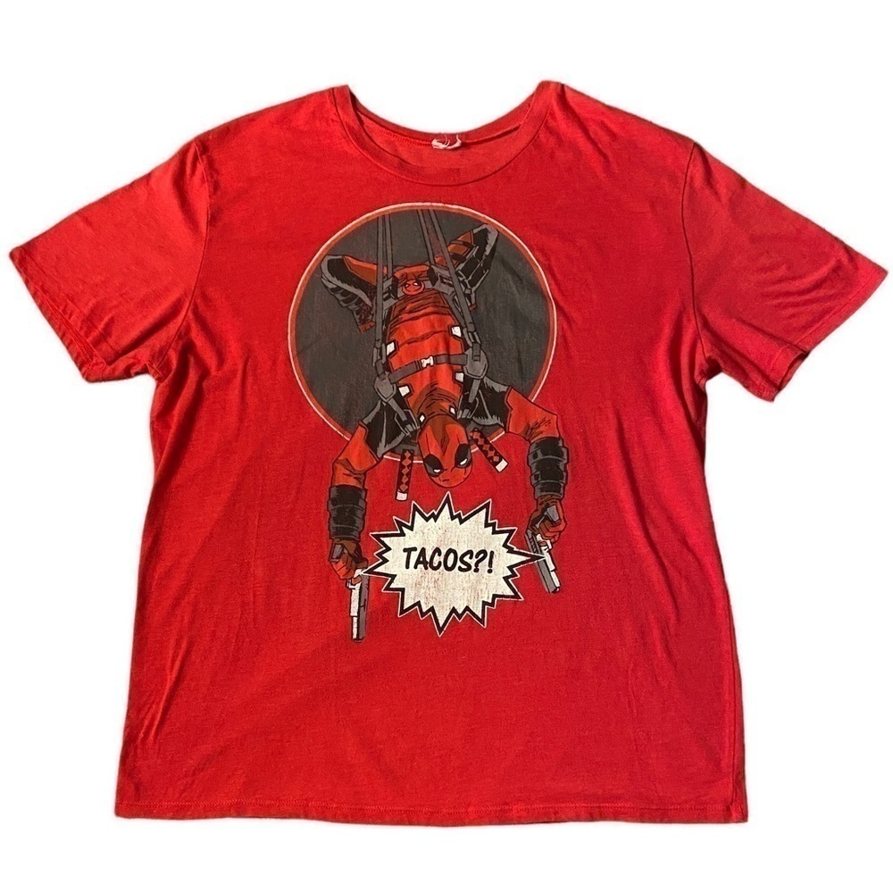 Men's Marvel Comics Deadpool Slinging Upside-Down Tacos Graphic Tee